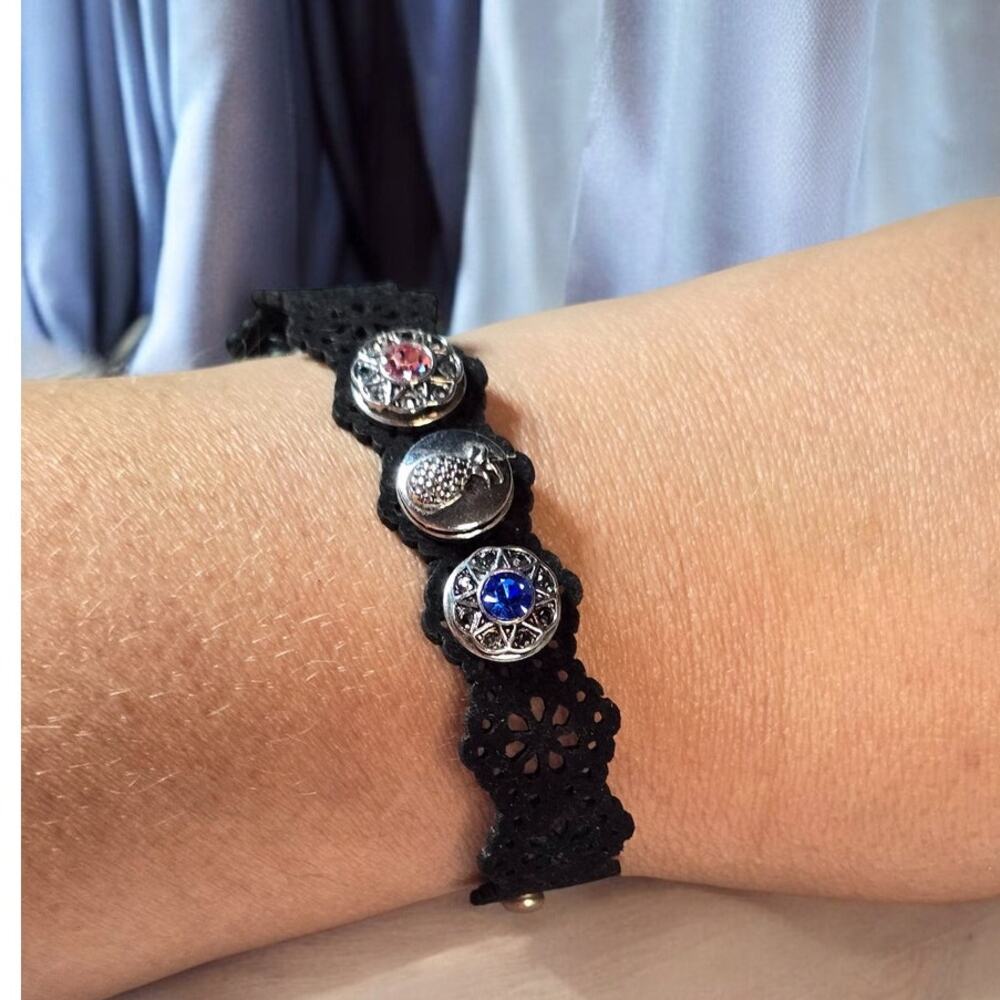 Black Lace Snap Interchangeable Button Bracelet Band Rhinestone Accent